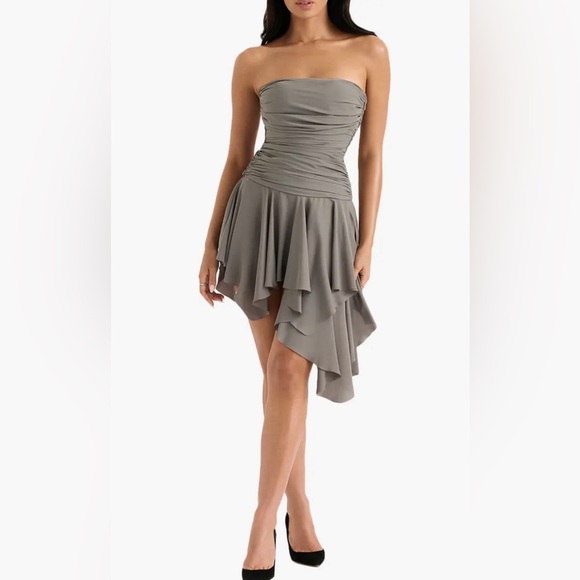 House of CB Valeria Ruched Asymmetric Ruffle Strapless Dress in Smoke - Picture 3 of 3